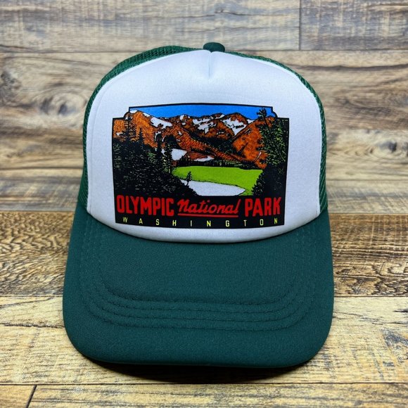 Olympic National Park Mens Trucker Hat Green Snapback Washington State PNW Cap - Picture 2 of 8